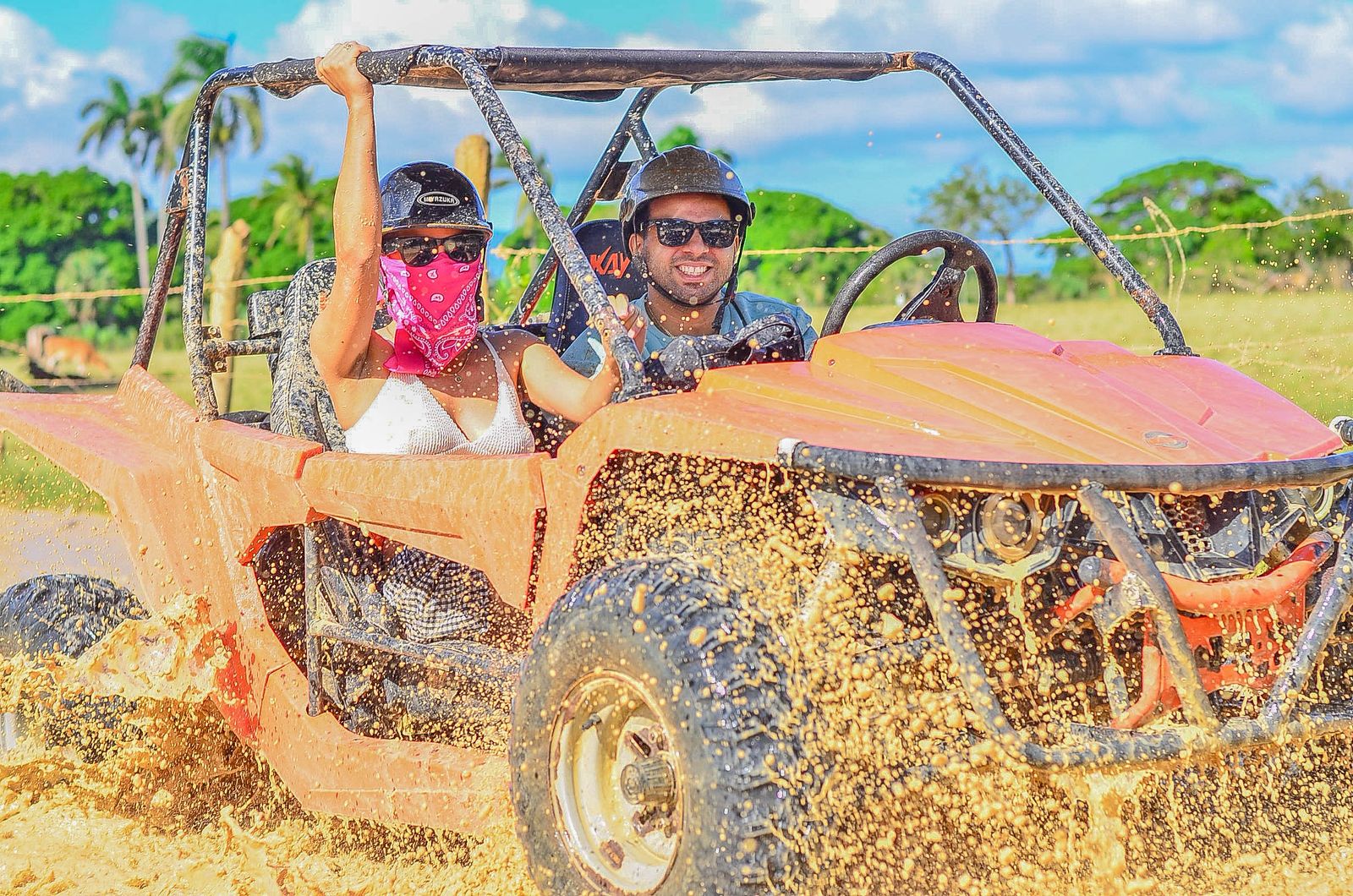 ATV four-wheelers driving through tropical jungle trails