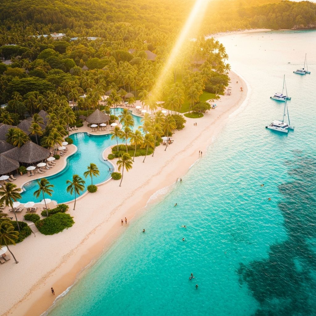 Aerial view of a turquoise Caribbean beach in Punta Cana with palm trees