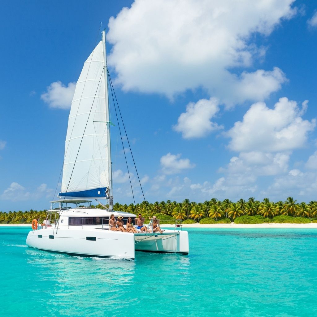 White catamaran sailing on turquoise Caribbean water near Saona Island
