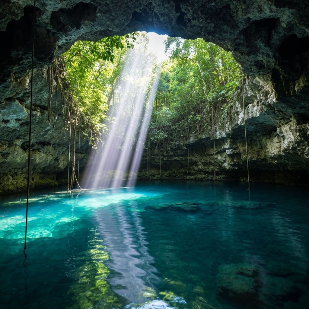 Crystal clear blue cenote surrounded by tropical vegetation
