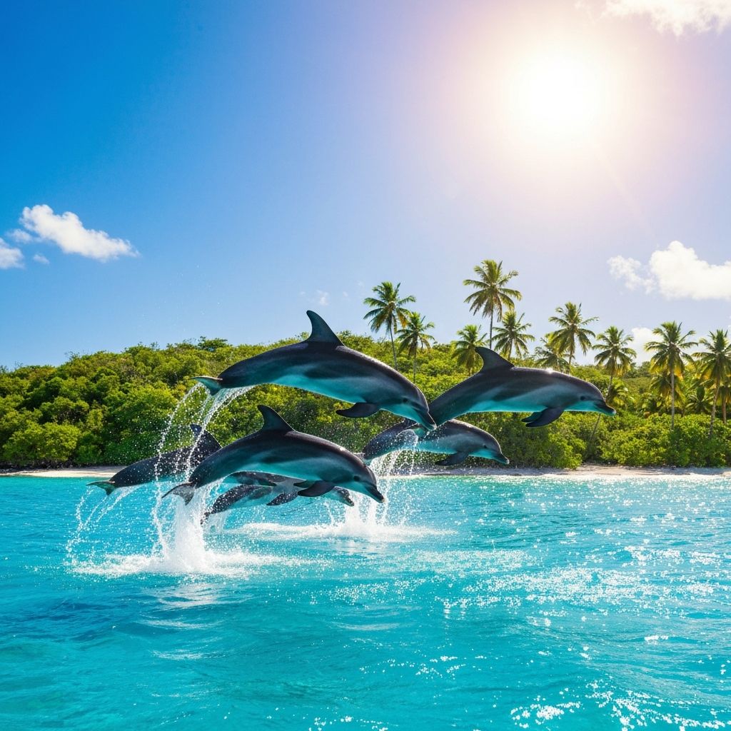 Dolphins jumping out of turquoise Caribbean water